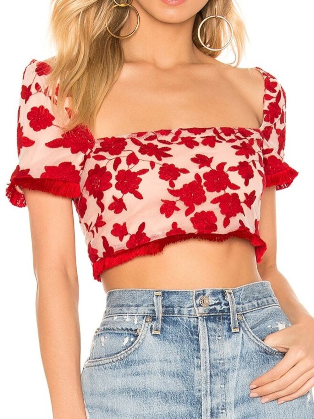 NWT Lovers and Friends Red Kehlani Top Floral Embroidered Fringe Crop XS